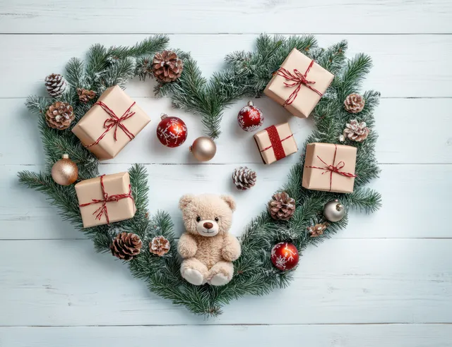 Minimal holiday flat lay with teddy bear and gift boxes forming a heart on white wood