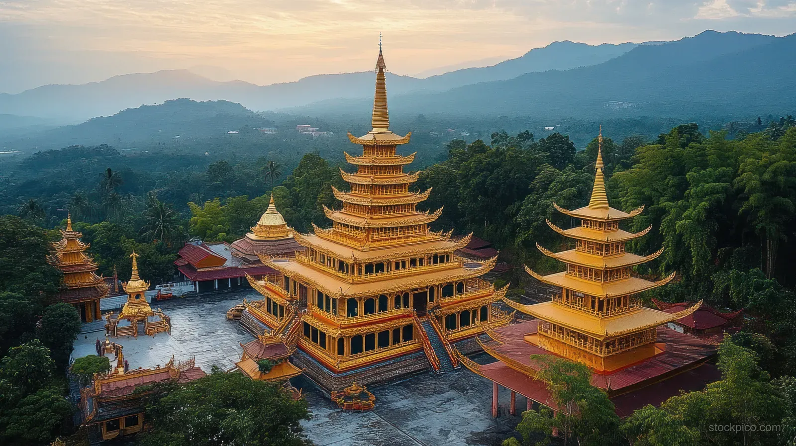 Golden multi-tier pagodas rise above a forested valley with misty mountains and sunrise light behind them.