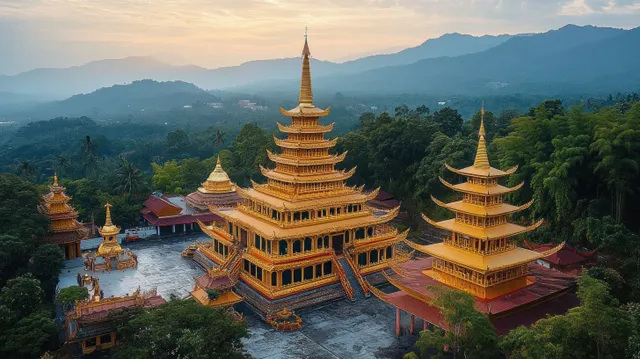 Golden multi-tier pagodas rise above a forested valley with misty mountains and sunrise light behind them.