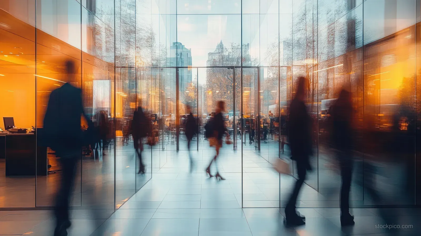 Professionals walk through a glass-walled coworking space with desks and strong motion blur in the hallway.