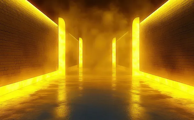 A glowing golden corridor with illuminated rectangular pillars, mist, and wet floor reflections.