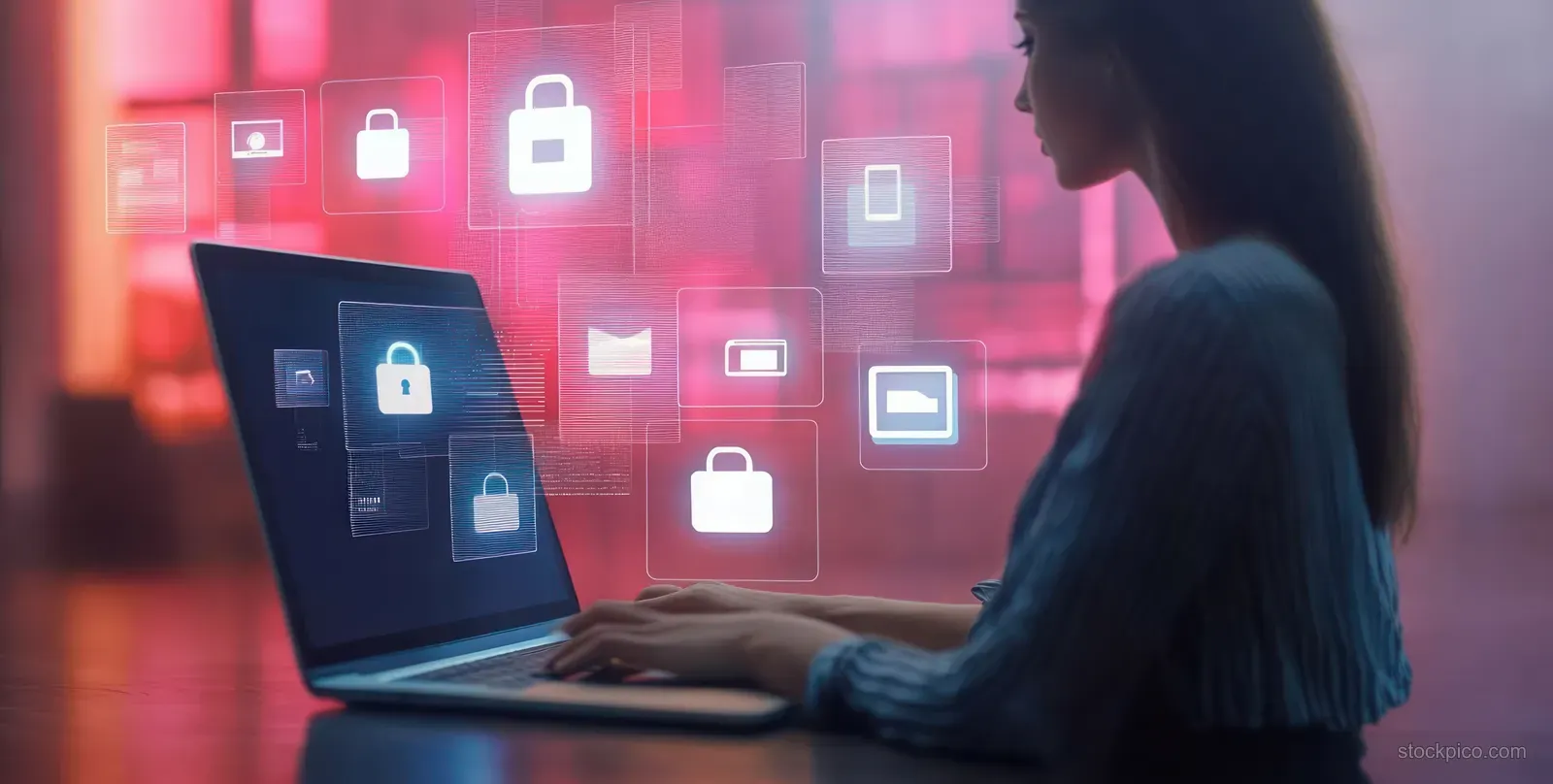 A person uses a laptop with holographic lock and checkout icons glowing in a neon room.