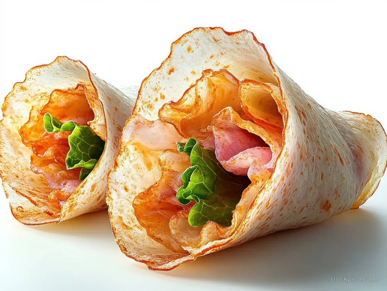 Two open tortilla wraps showing crispy bacon and green lettuce on a white background.