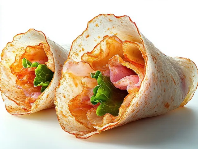 Two open tortilla wraps showing crispy bacon and green lettuce on a white background.