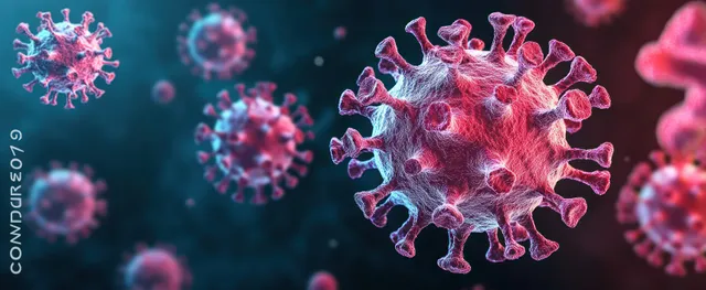 Red and purple coronavirus particles float in a dark blue biohazard background, suggesting disease transmission.