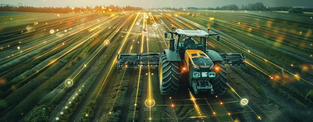 A futuristic irrigation tractor sprays a crop field at sunset while showing glowing data on a digital dashboard.