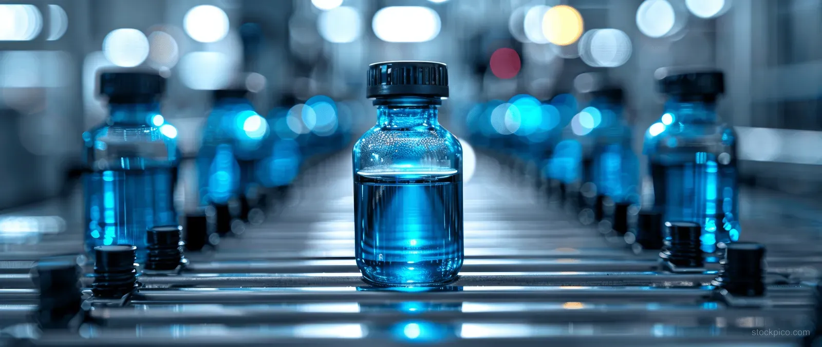Transparent medical vials move along an automated conveyor in a blue-lit pharmaceutical factory.
