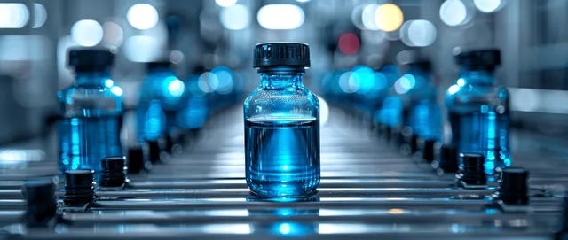 Transparent medical vials move along an automated conveyor in a blue-lit pharmaceutical factory.