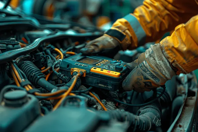Gloved mechanic holds a diagnostic meter near a car engine battery terminals and wiring in a workshop.