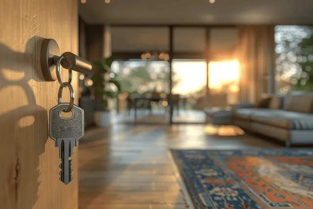 An apartment key dangles from a door lock while a bright living room with large windows glows in the background.