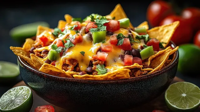 Loaded nachos in a bowl topped with melted cheese, jalapenos, tomatoes, black beans, cilantro, and lime halves.
