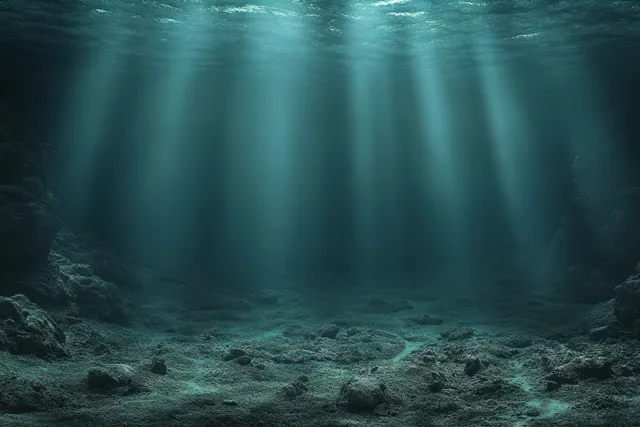 Underwater rocky seabed with sunrays streaming down through blue water’s surface haze