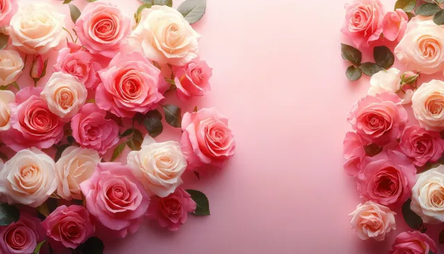 Pink, red, and cream roses framing soft pink empty center