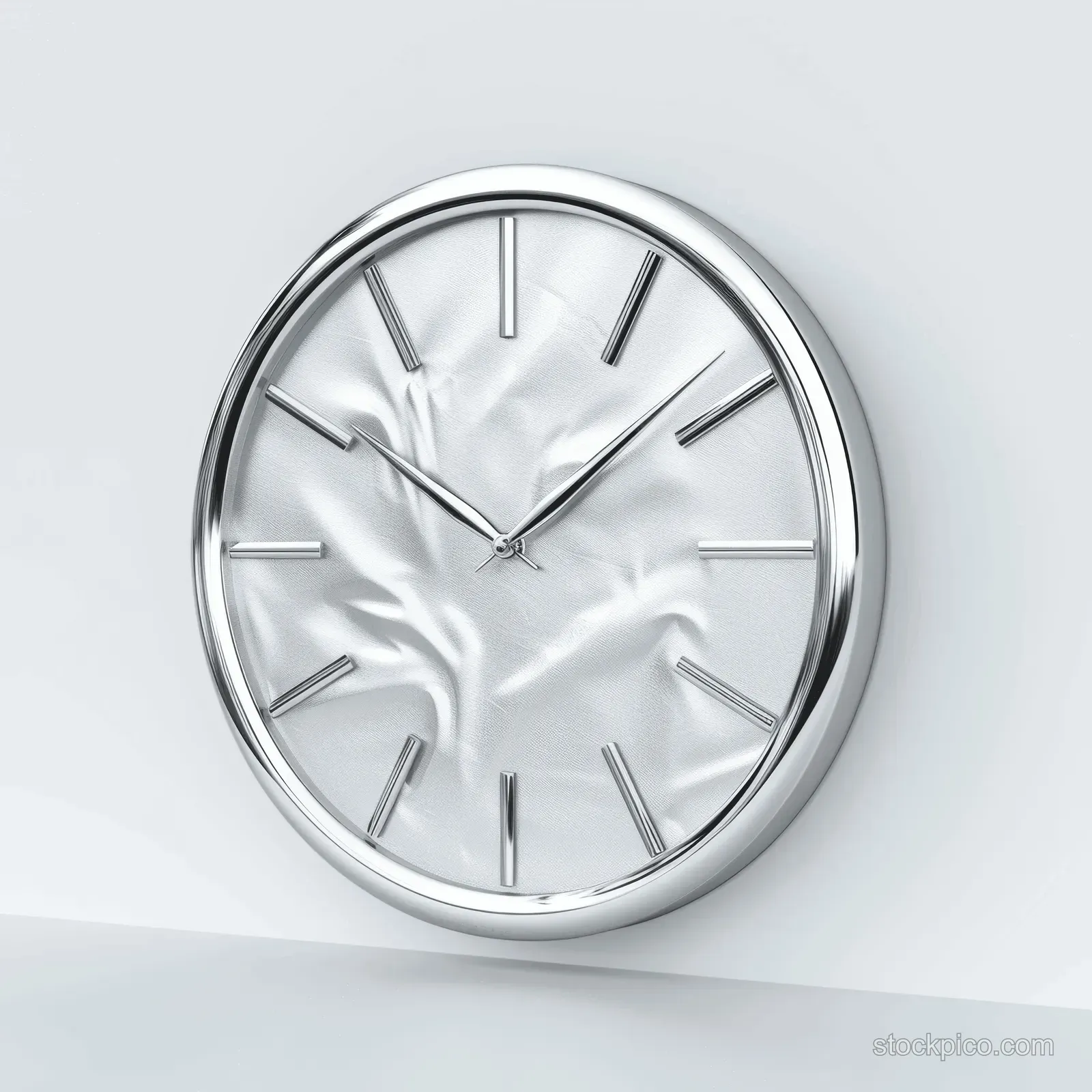 Chrome wall clock with a white dial and silver hands centered on a bright white background.