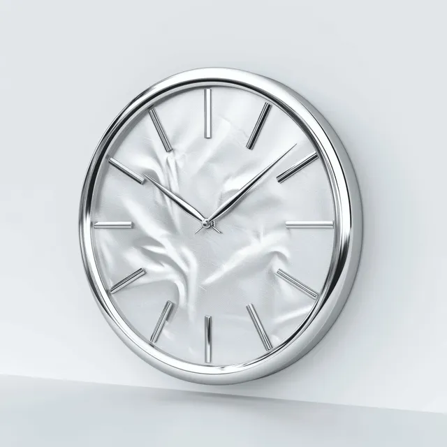 Minimal chrome wall clock with white face and silver hands on bright white background