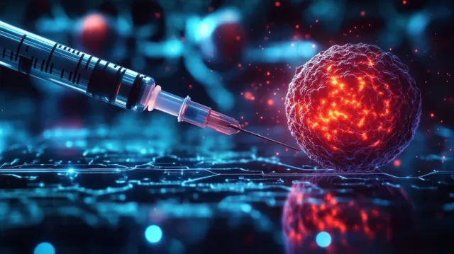 A syringe needle injects a glowing spherical cell amid neon blue futuristic lab lighting with red highlights.