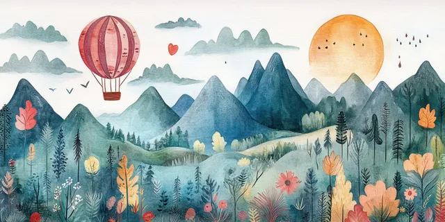 Watercolor hot air balloon floating over misty mountains and a calm lake