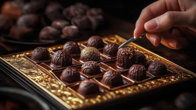Hand selects a decorated chocolate truffle from ornate golden box on dark background