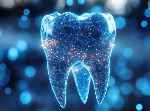 Futuristic glowing tooth model with network connections on a blue bokeh background