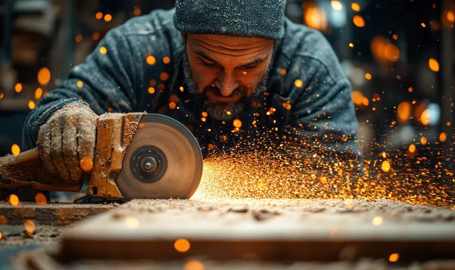 A female carpenter cuts a wooden board with a circular saw, sparks scattering in a workshop workspace.
