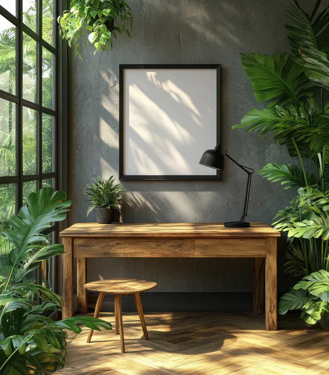 Sunlit Scandinavian interior with a wooden desk, blank framed poster, and surrounding green plants by a window.