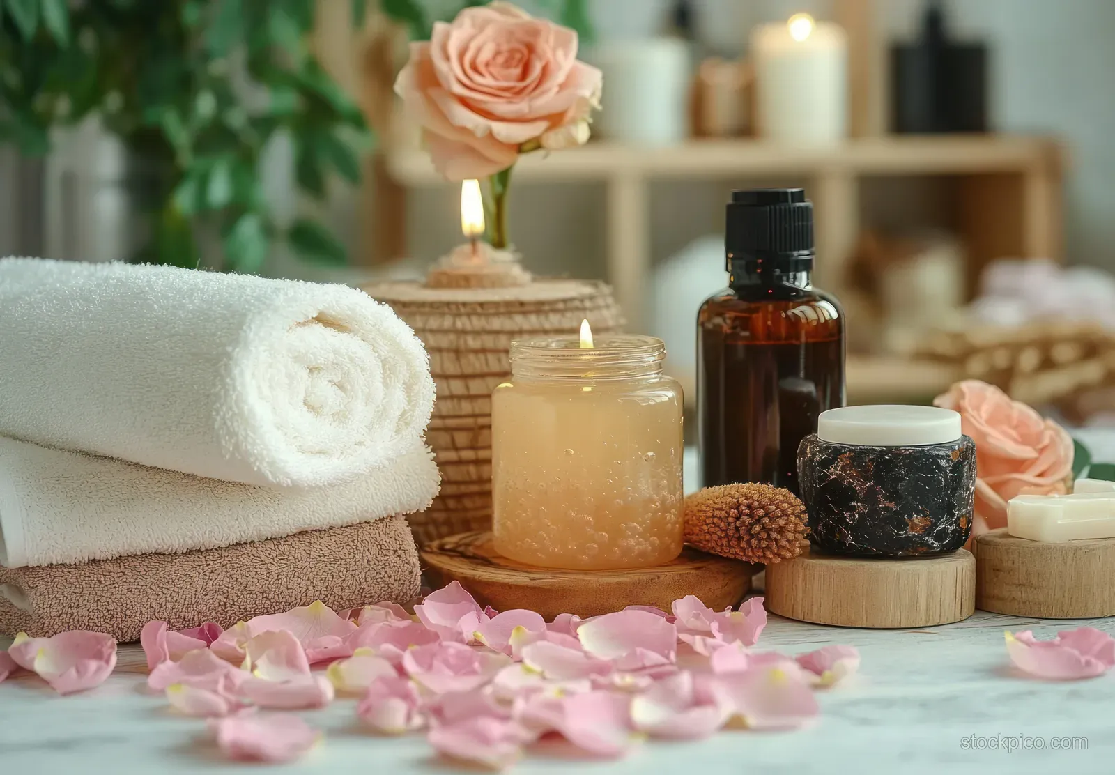 Rolled towels, scattered rose petals, and lit candles with skincare jars and bottles on a wooden spa table.