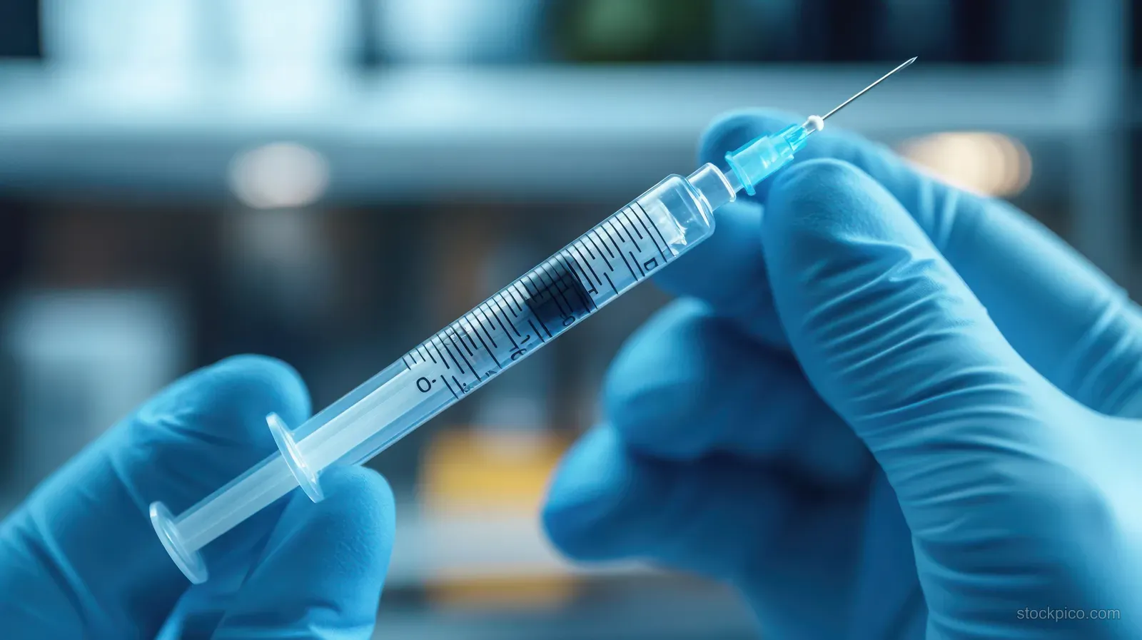 Blue-gloved hands hold a syringe with clear liquid in a sterile medical setting.