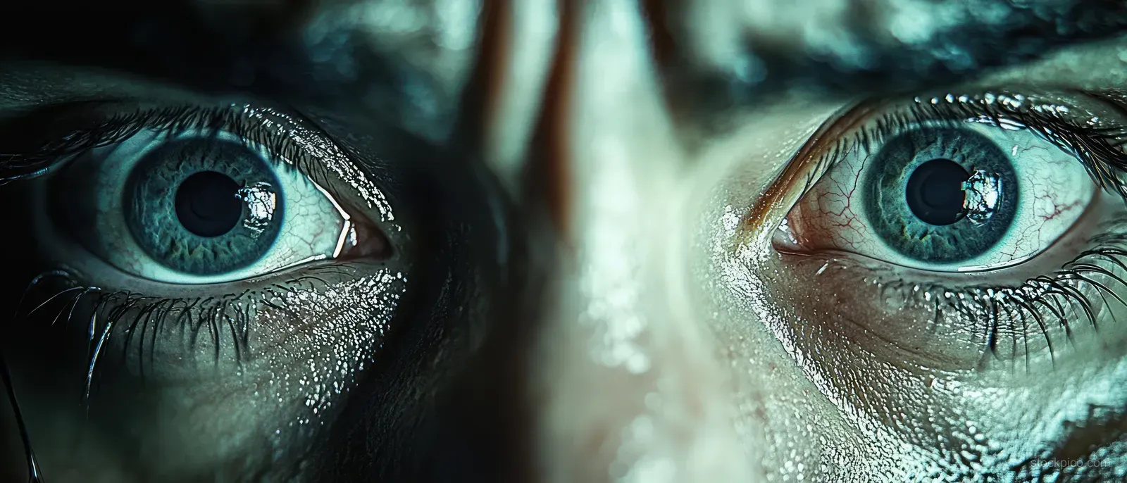 Close-up of wide aqua blue eyes with visible moisture, reflections, and detailed skin texture on a human face.