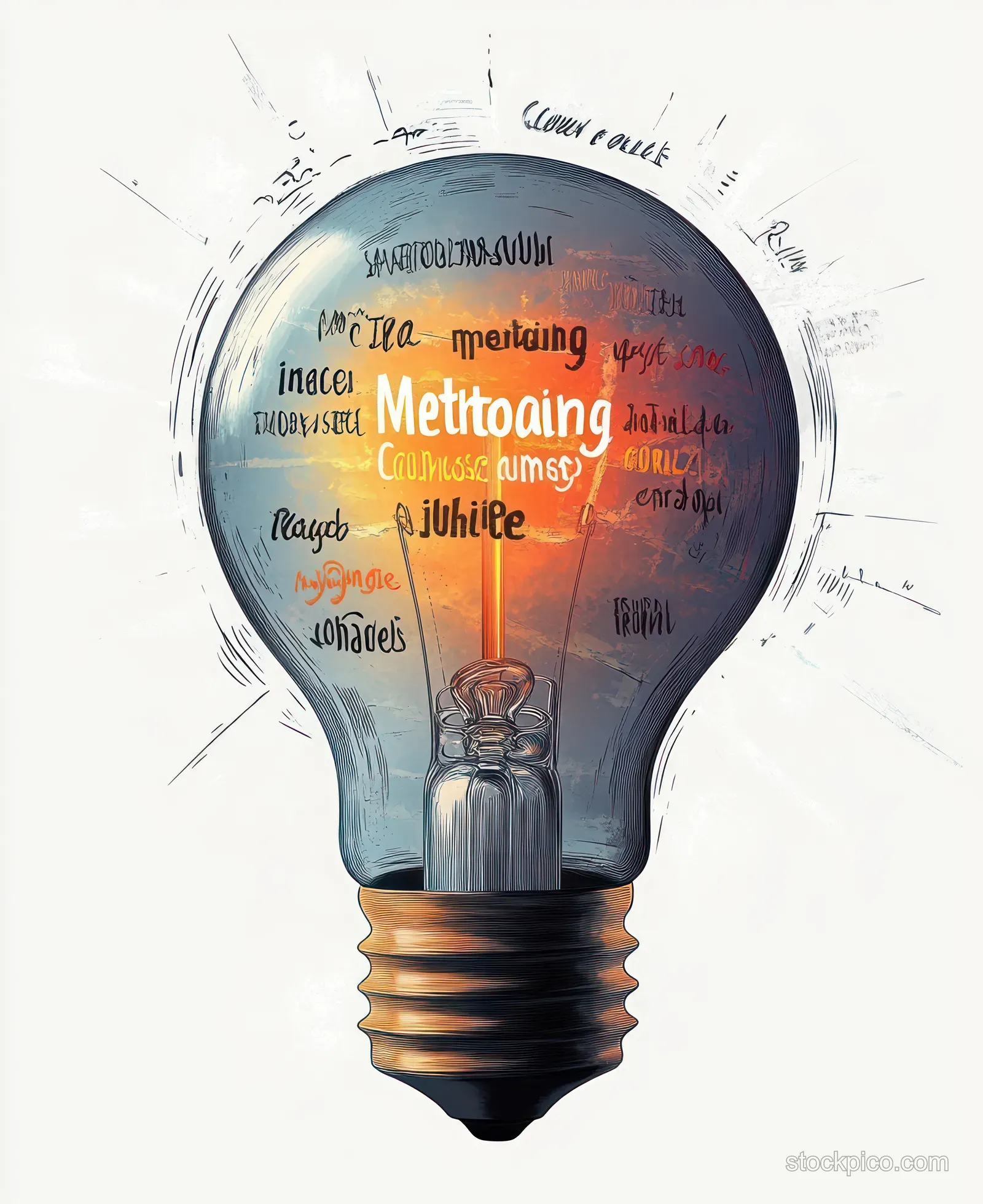 Glowing light bulb illustration with handwritten words and scribbles inside, suggesting creative ideas.