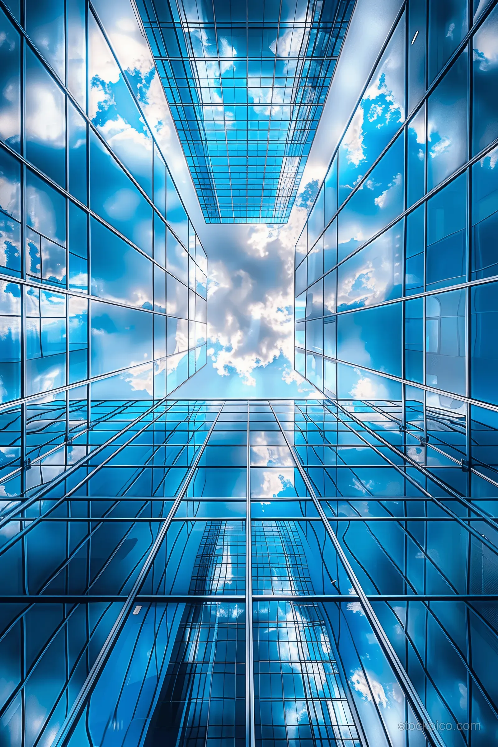 Looking up at a reflective glass skyscraper facade with converging windows and clouds in a blue sky.