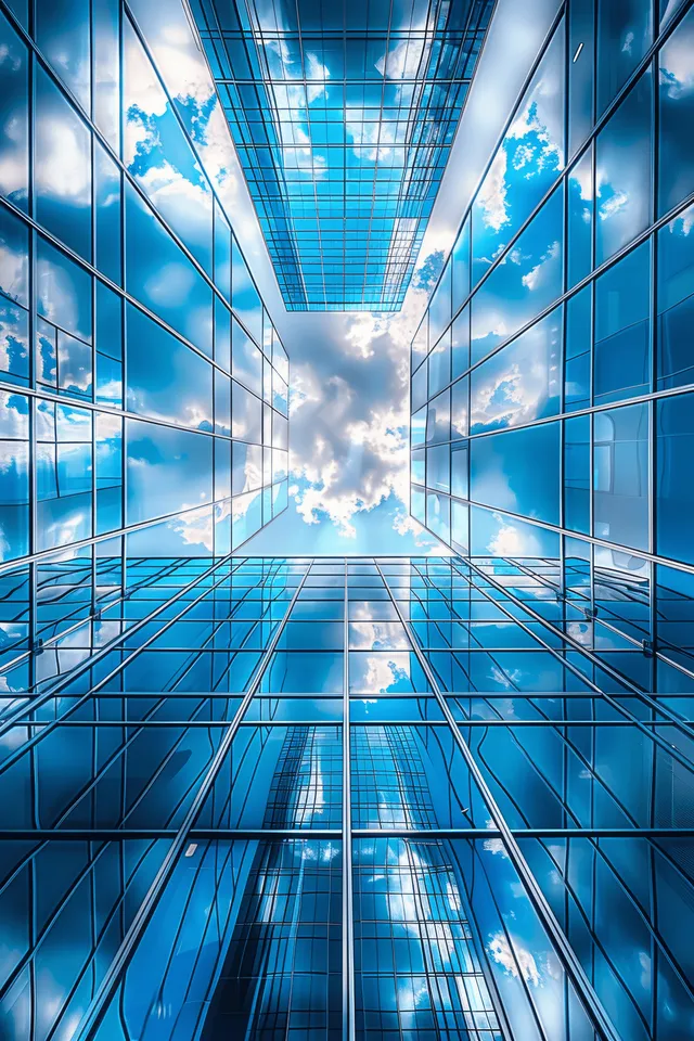 Looking up at a reflective glass skyscraper facade with converging windows and clouds in a blue sky.