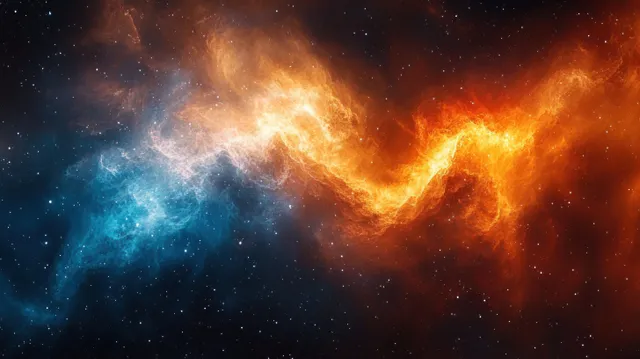 Swirling blue and orange cosmic gases glow through a dark field packed with distant stars.