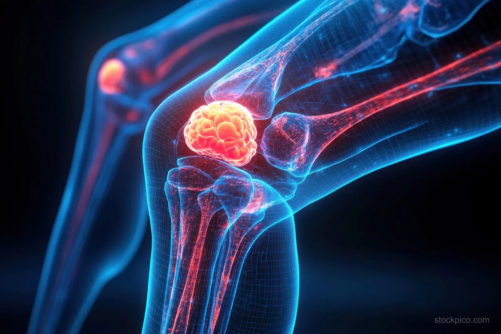 Neon 3D knee joint illustration with blue and red glowing pain zones on a dark background.