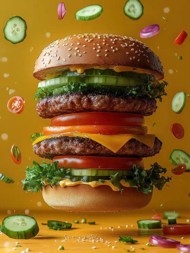 Double cheeseburger with lettuce, tomato, cucumber, cheddar, and floating vegetable slices on a bright yellow background.