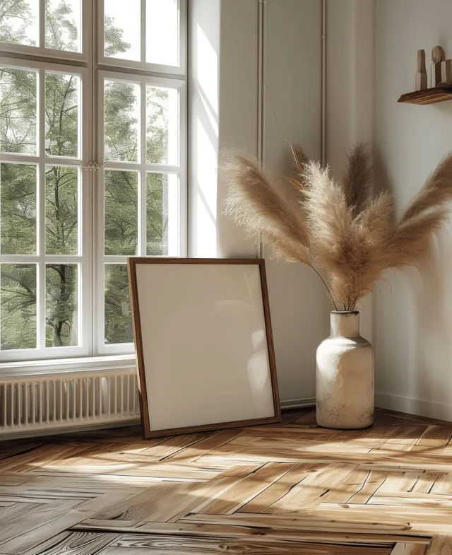 Modern poster frame on a parquet floor beside a pampas grass vase near bright window panes.