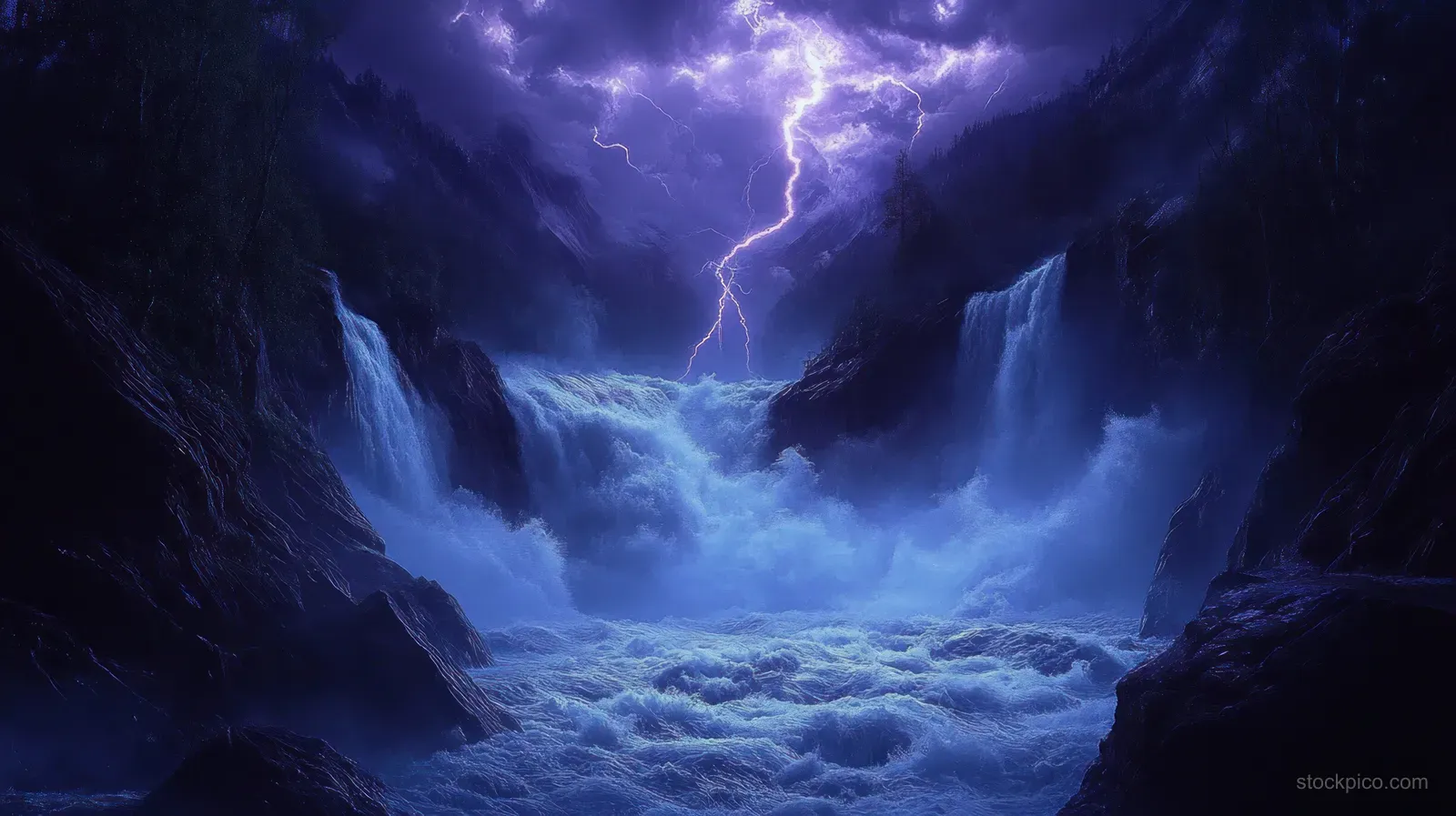 Lightning flashes above a turbulent waterfall crashing through a dark rocky mountain gorge in storm clouds.