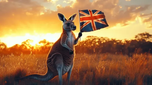 A kangaroo holds an Australian flag in a sunlit field at sunset, surrounded by tall grass and trees.