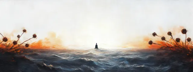 A solitary figure meditates on churning ocean water beneath a bright glowing sky with fiery orange abstract floral shapes.