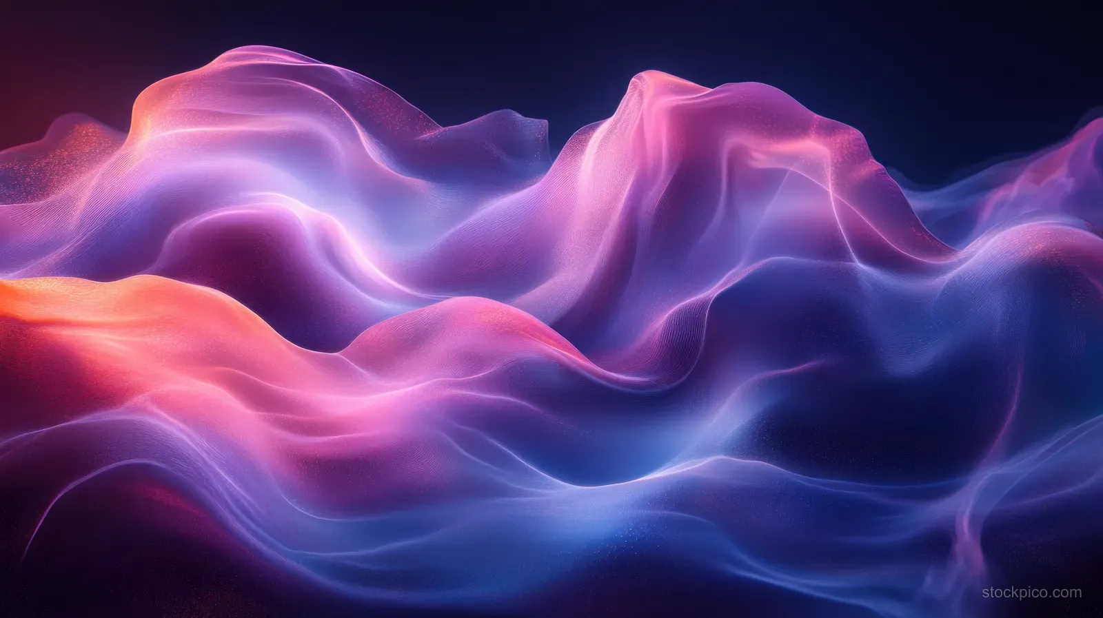 Neon purple and blue fluid wave shapes ripple across a dark abstract background.