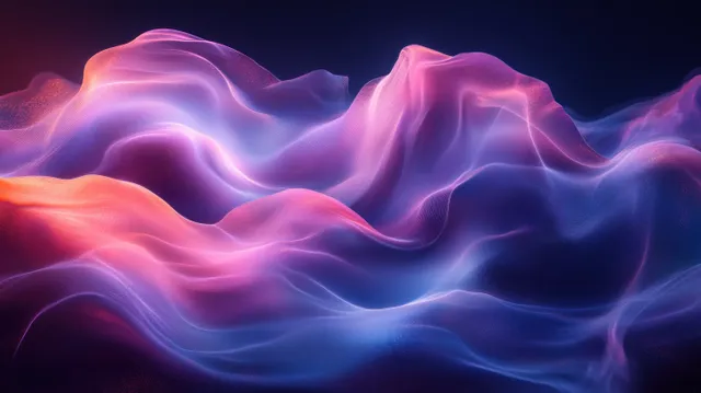 Neon purple and blue fluid wave shapes ripple across a dark abstract background.