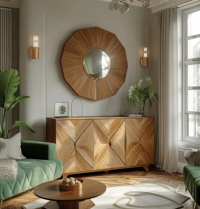 Green velvet sofa beside a geometric wooden sideboard under a round mirror with plants near a sunlit window.