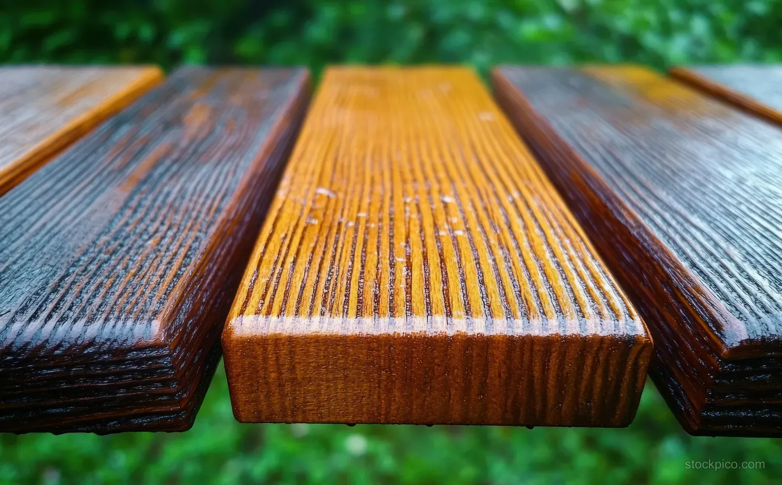 Three hardwood decking planks with visible grain patterns lying on green grass outdoors.