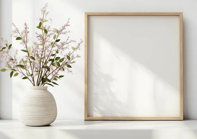 Minimalist interior shelf scene with blank gold frame and potted plant in soft sunlight