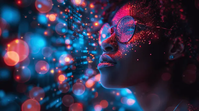 Cybersecurity analyst face in profile surrounded by neon data particles and futuristic cyberpunk light effects.