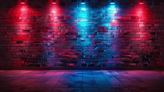 Neon lights glow on exposed brick wall stage with red and blue night club lighting