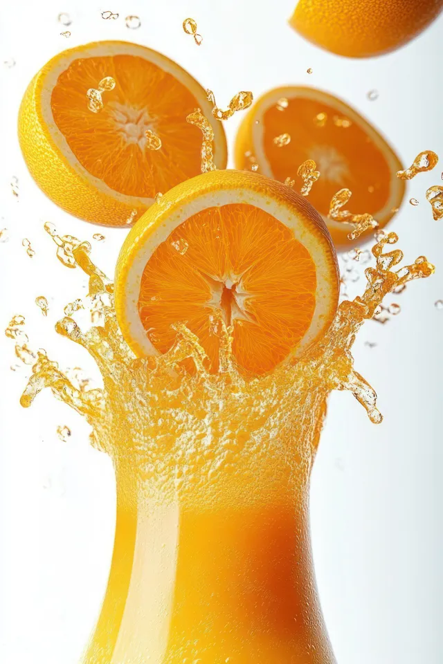 Orange juice splash with suspended orange slices and droplets over clean white background