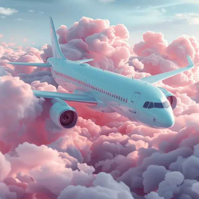 A colorful cartoon airplane flies above pink cloud waves under a dreamy pink sky.