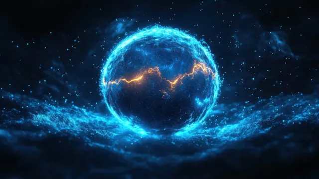 A glowing blue energy sphere with orange lightning cracks surrounded by sparkling particles in a dark space background.