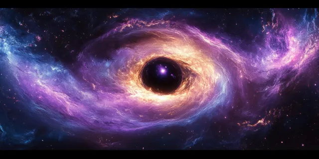 A massive black hole surrounded by swirling purple and blue nebulae glows across a panoramic star-filled space scene.