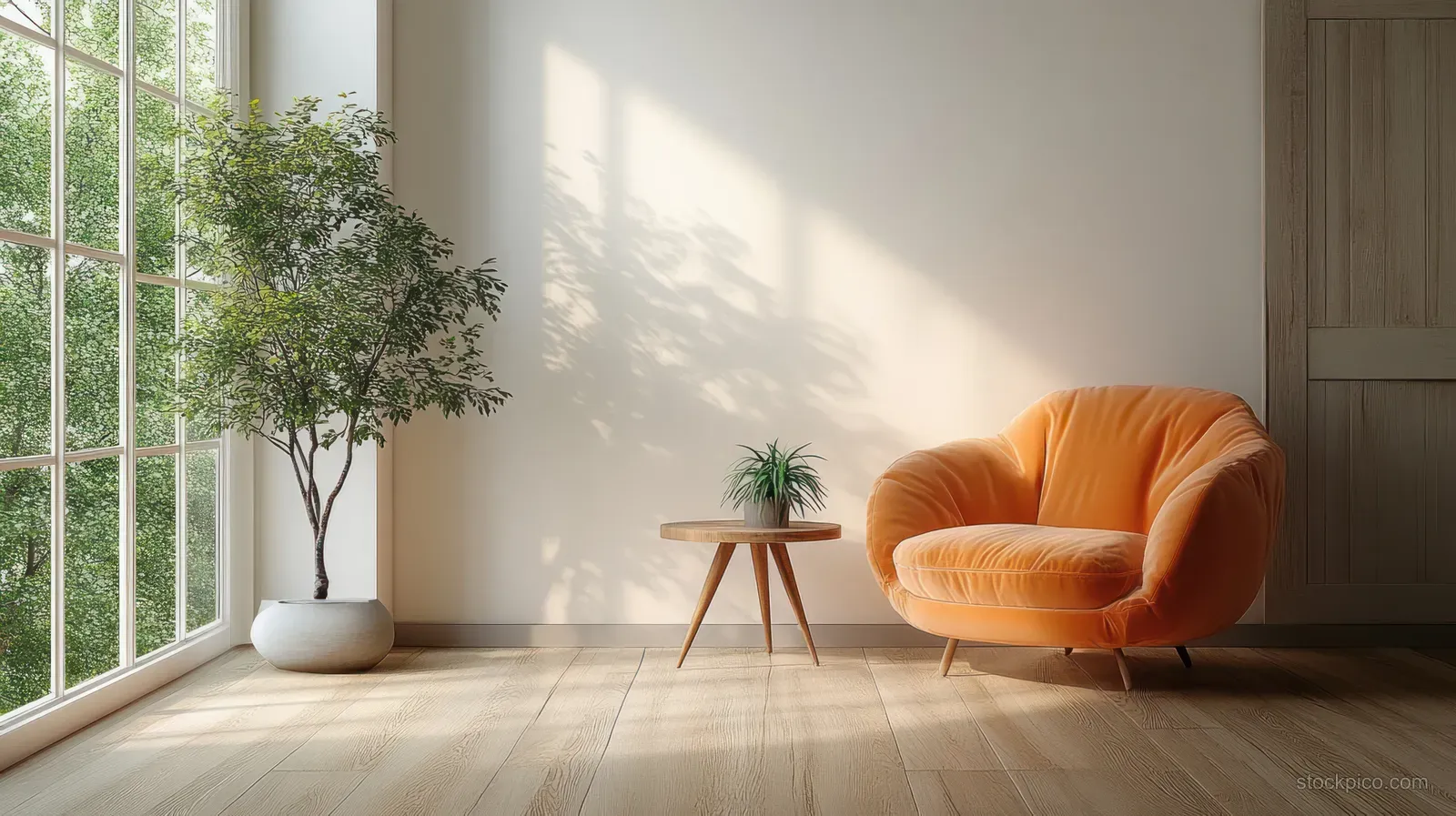 Sunlit Scandinavian living room with an orange armchair, potted plants, and a white table near tall windows.
